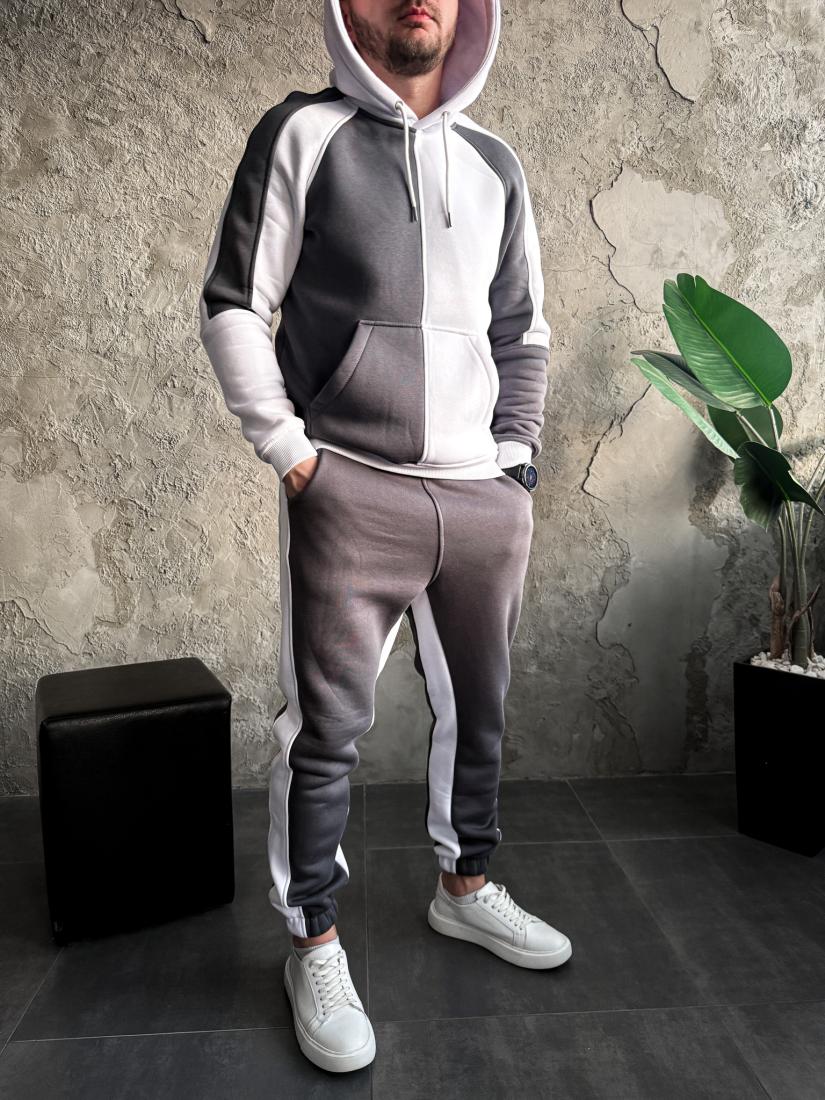 photo_2025-10-26_20-35-16 (2) Мужской Серо-Белый Костюм Худи Джоггеры - Утепленный на Флисе