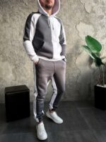 Мужской Серо-Белый Костюм Худи Джоггеры - Утепленный на Флисе