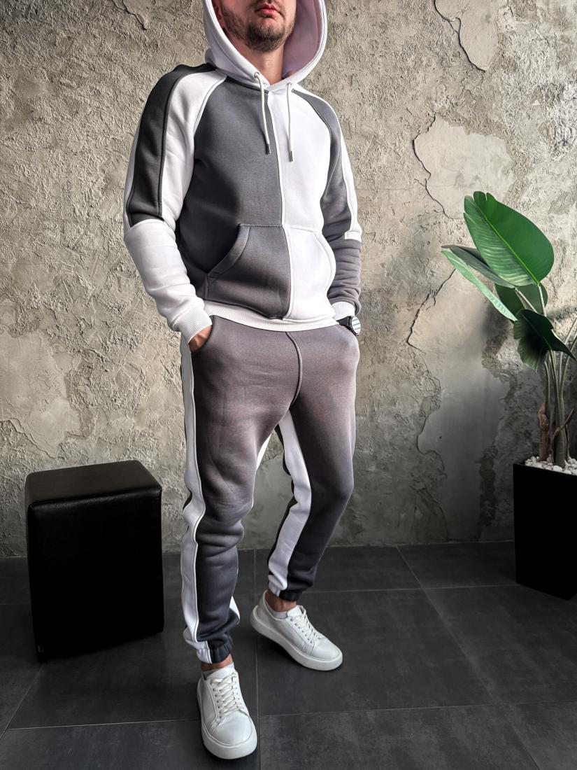 photo_2025-10-26_20-35-17 Мужской Серо-Белый Костюм Худи Джоггеры - Утепленный на Флисе