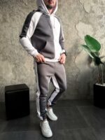 Мужской Серо-Белый Костюм Худи Джоггеры - Утепленный на Флисе