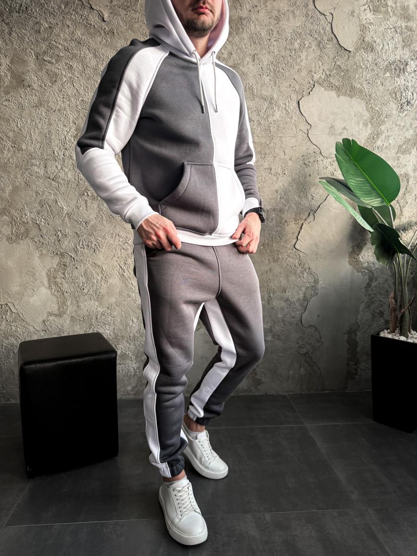 photo_2025-10-26_20-35-18 Мужской Серо-Белый Костюм Худи Джоггеры - Утепленный на Флисе