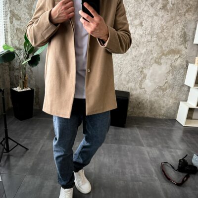 Мужское Классическое Демисезонное Бежевое Пальто Кашемир