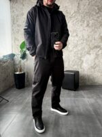 Мужской Черный Костюм Плащевка Свободного Кроя - Ветровка + Штаны Карго