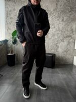Мужской Черный Костюм Плащевка Свободного Кроя - Ветровка + Штаны Карго