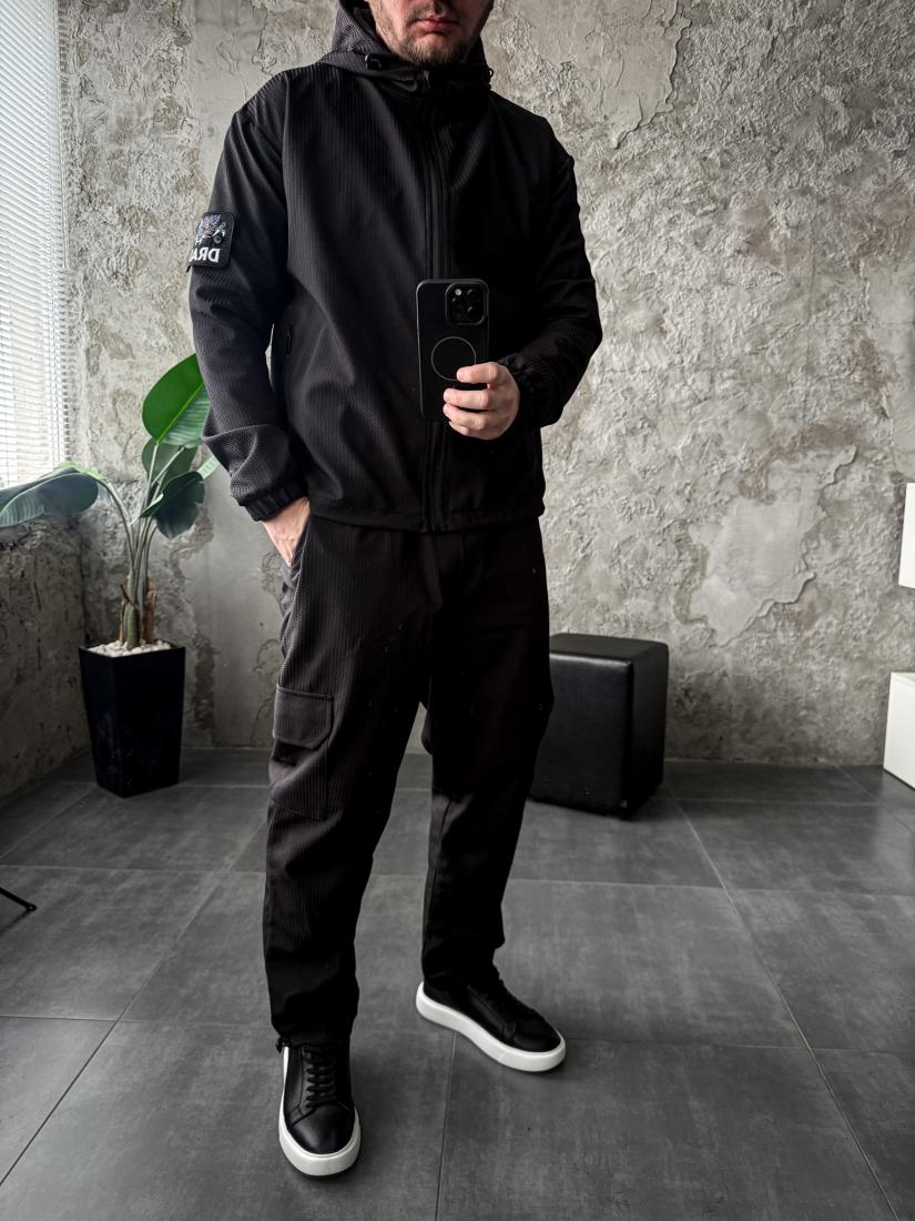 photo_2025-10-26_20-56-57 Мужской Черный Костюм Плащевка Свободного Кроя - Ветровка + Штаны Карго