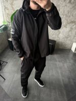 Мужской Черный Костюм Плащевка Свободного Кроя - Ветровка + Штаны Карго