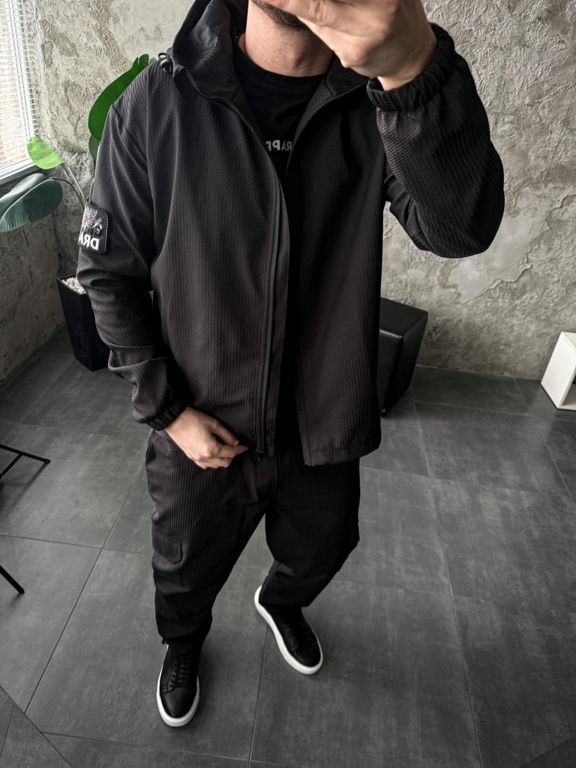 photo_2025-10-26_20-57-00 Мужской Черный Костюм Плащевка Свободного Кроя - Ветровка + Штаны Карго