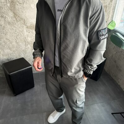 Мужской Серый Костюм Плащевка Свободного Кроя - Ветровка + Штаны Карго