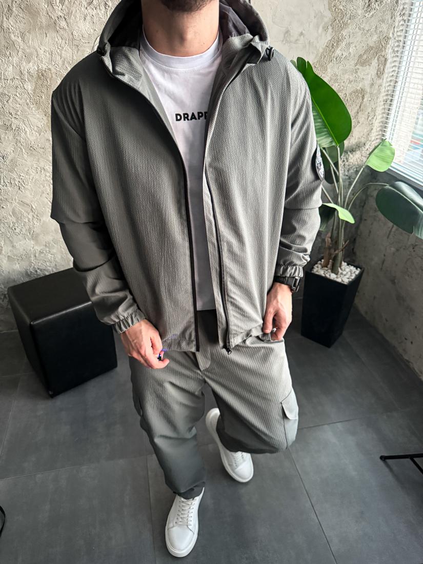 photo_2025-10-26_20-57-08 Мужской Серый Костюм Плащевка Свободного Кроя - Ветровка + Штаны Карго