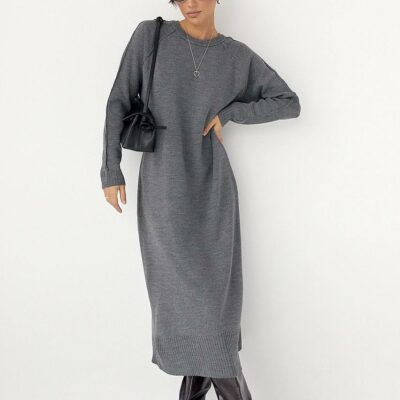 Женское Длинное Трикотажное Серое Платье Свободного Кроя