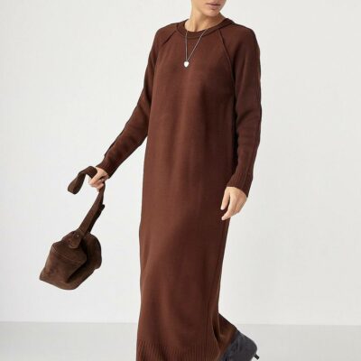 Женское Длинное Трикотажное Коричневое Платье Свободного Кроя