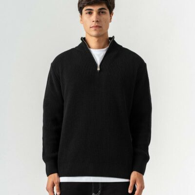 Мужской Черный Свитер Джемпер Свободного Кроя с Зип Воротником