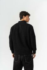 Мужской Черный Свитер Джемпер Свободного Кроя с Зип Воротником