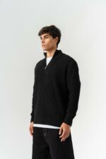Мужской Черный Свитер Джемпер Свободного Кроя с Зип Воротником
