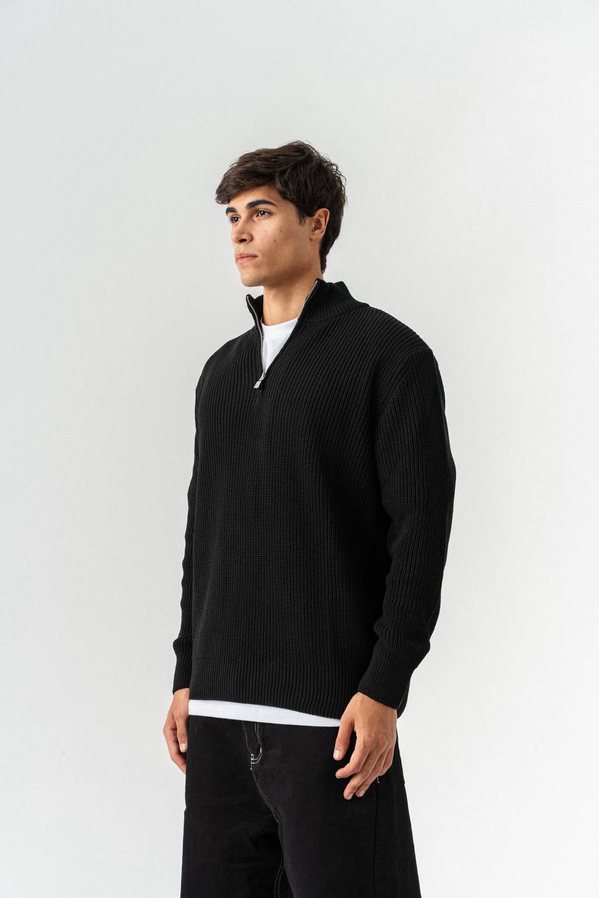 photo_2025-10-27_12-54-06 Мужской Черный Свитер Джемпер Свободного Кроя с Зип Воротником