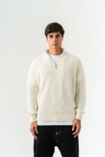 Мужской Молочный Свитер Джемпер Свободного Кроя с Зип Воротником