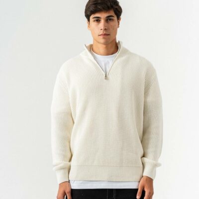 Мужской Молочный Свитер Джемпер Свободного Кроя с Зип Воротником