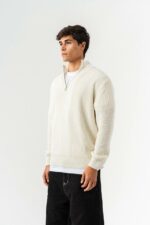 Мужской Молочный Свитер Джемпер Свободного Кроя с Зип Воротником