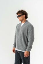 Мужской Серый Свитер Джемпер Свободного Кроя с Зип Воротником