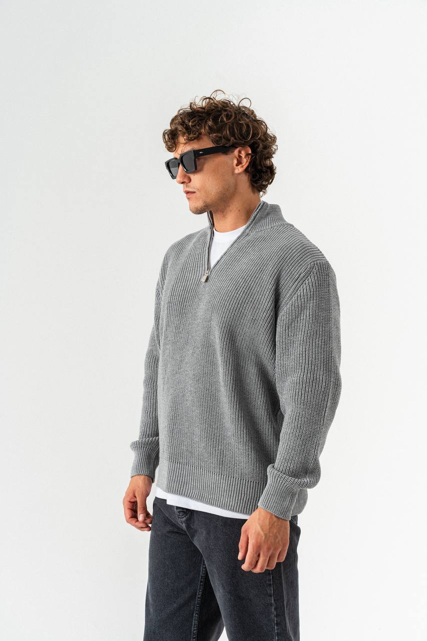 photo_2025-10-27_12-54-09 (2) Мужской Серый Свитер Джемпер Свободного Кроя с Зип Воротником