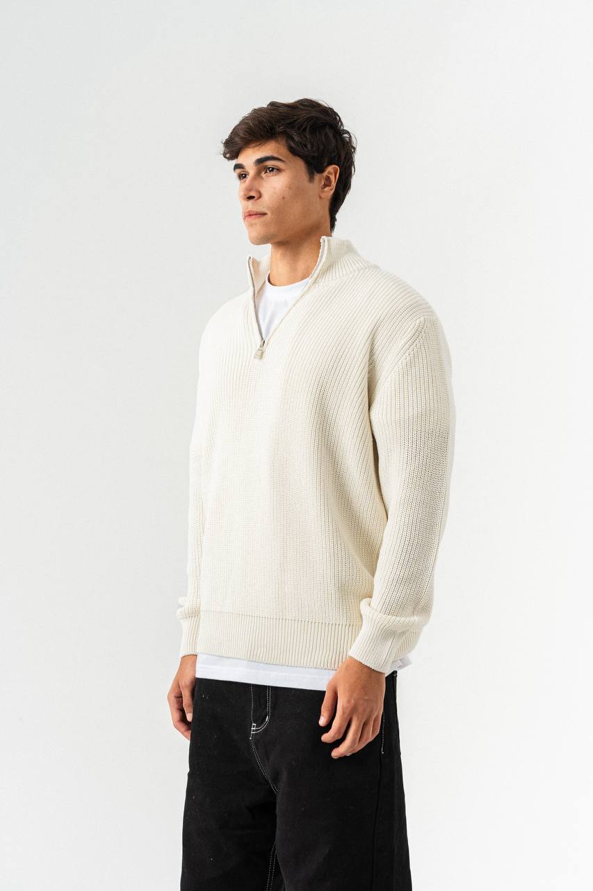 photo_2025-10-27_12-54-09 Мужской Молочный Свитер Джемпер Свободного Кроя с Зип Воротником