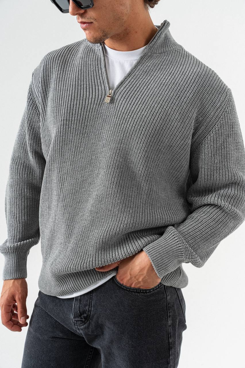 photo_2025-10-27_12-54-10 (2) Мужской Серый Свитер Джемпер Свободного Кроя с Зип Воротником