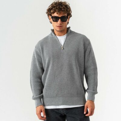 Мужской Серый Свитер Джемпер Свободного Кроя с Зип Воротником