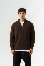 Мужской Коричневый Свитер Джемпер Свободного Кроя с Зип Воротником