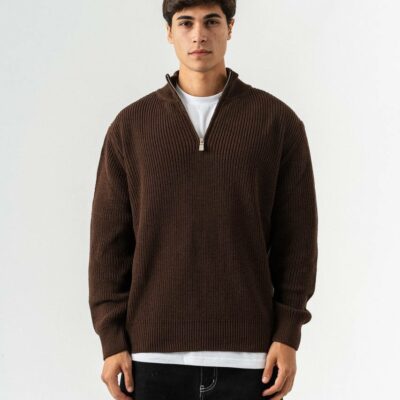 Мужской Коричневый Свитер Джемпер Свободного Кроя с Зип Воротником