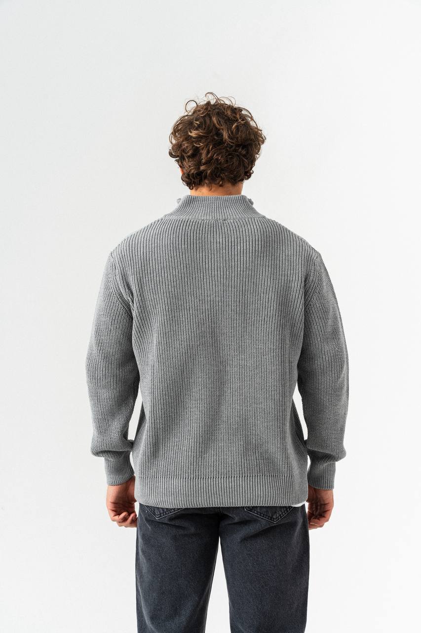 photo_2025-10-27_12-54-11 Мужской Серый Свитер Джемпер Свободного Кроя с Зип Воротником