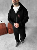 Мужской Утепленный Черный Спортивный Костюм "R" на Молнии с Начесом (Зипка + Штаны)