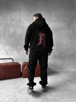 Мужской Утепленный Черный Спортивный Костюм "R" на Молнии с Начесом (Зипка + Штаны)