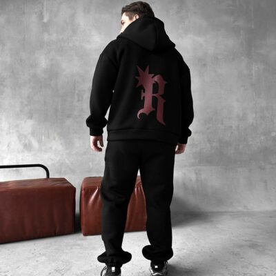 Мужской Утепленный Черный Спортивный Костюм "R" на Молнии с Начесом (Зипка + Штаны)