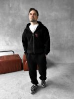 Мужской Утепленный Черный Спортивный Костюм "R" на Молнии с Начесом (Зипка + Штаны)