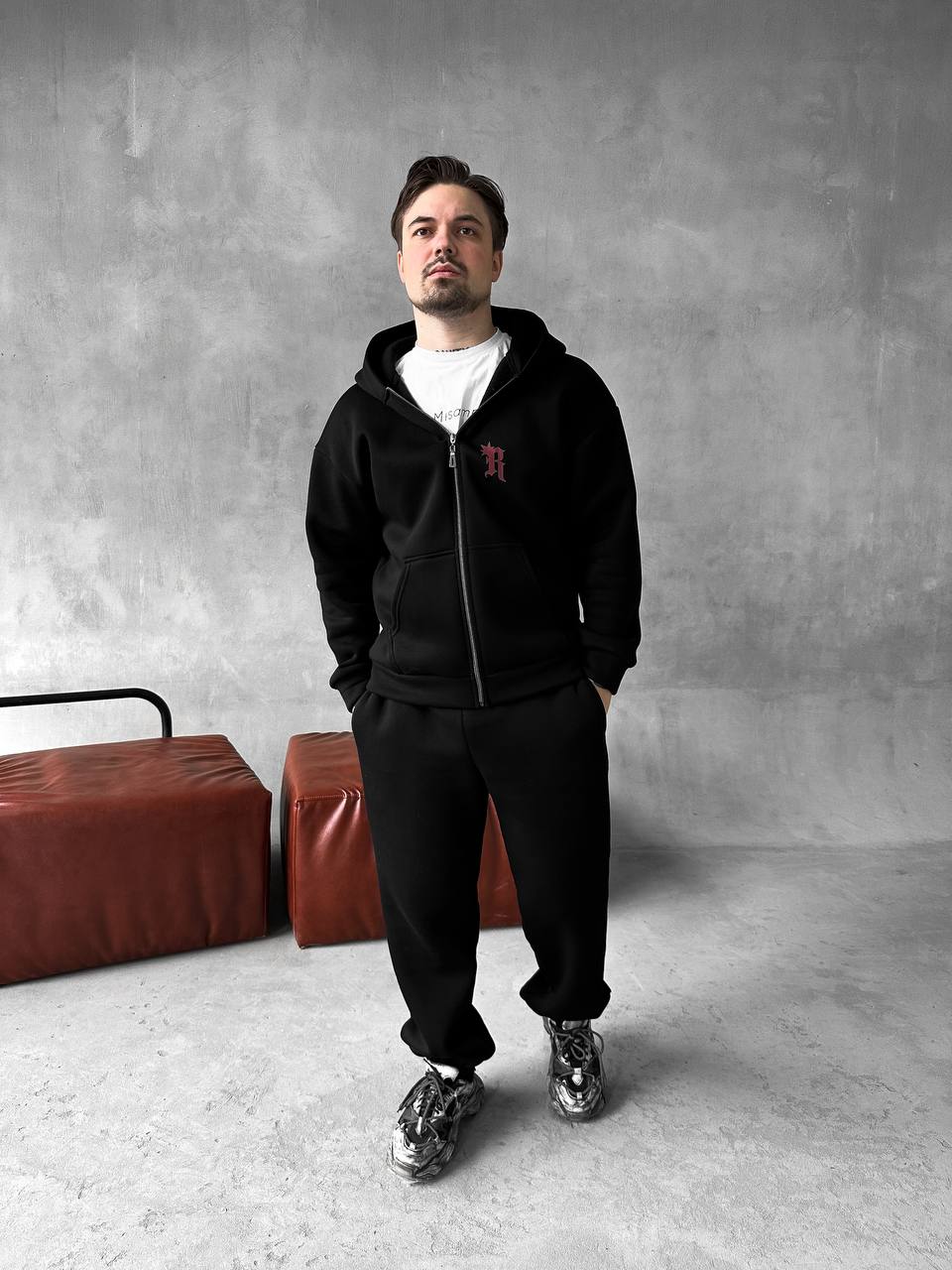 photo_2025-10-27_20-12-31 Мужской Утепленный Черный Спортивный Костюм "R" на Молнии с Начесом (Зипка + Штаны)