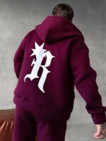 Мужской Утепленный Бордовый Спортивный Костюм "R" на Молнии с Начесом (Зипка + Штаны)