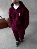 Мужской Утепленный Бордовый Спортивный Костюм "R" на Молнии с Начесом (Зипка + Штаны)