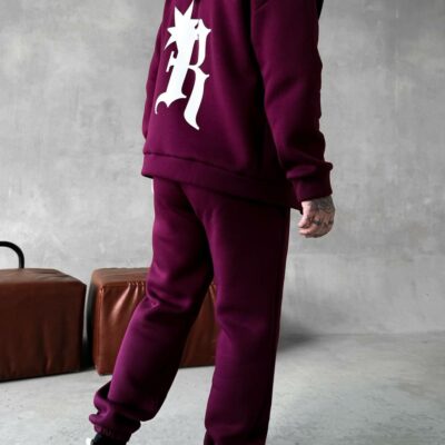 Мужской Утепленный Бордовый Спортивный Костюм "R" на Молнии с Начесом (Зипка + Штаны)