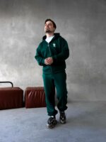 Мужской Утепленный Зеленый Спортивный Костюм "R" на Молнии с Начесом (Зипка + Штаны)