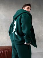 Мужской Утепленный Зеленый Спортивный Костюм "R" на Молнии с Начесом (Зипка + Штаны)