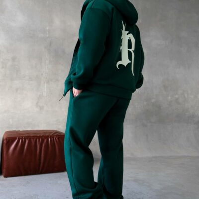 Мужской Утепленный Зеленый Спортивный Костюм "R" на Молнии с Начесом (Зипка + Штаны)