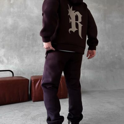Мужской Утепленный Коричневый Спортивный Костюм "R" на Молнии с Начесом (Зипка + Штаны)