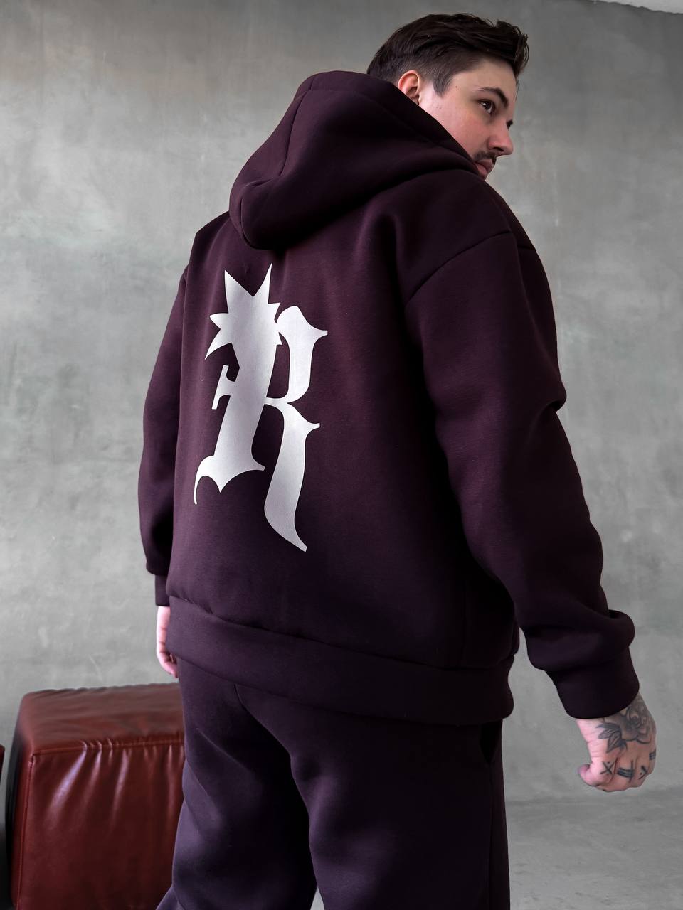 photo_2025-10-27_20-12-43 Мужской Утепленный Коричневый Спортивный Костюм "R" на Молнии с Начесом (Зипка + Штаны)