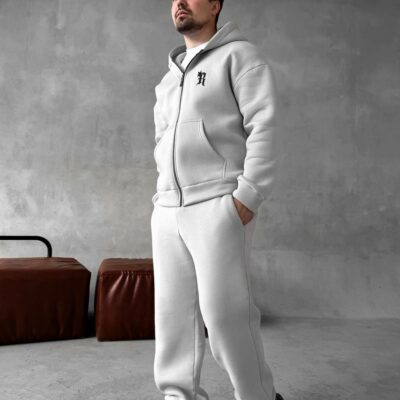 Мужской Утепленный Серый Спортивный Костюм "R" на Молнии с Начесом (Зипка + Штаны)