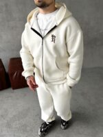 Мужской Утепленный Молочный Спортивный Костюм "R" на Молнии с Начесом (Зипка + Штаны)