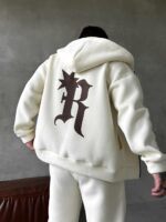 Мужской Утепленный Молочный Спортивный Костюм "R" на Молнии с Начесом (Зипка + Штаны)