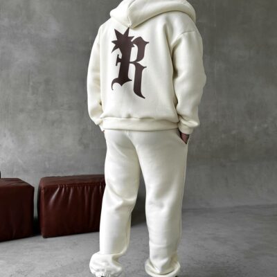 Мужской Утепленный Молочный Спортивный Костюм "R" на Молнии с Начесом (Зипка + Штаны)