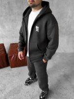 Мужской Утепленный Графитовый Спортивный Костюм "R" на Молнии с Начесом (Зипка + Штаны)