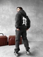 Мужской Утепленный Графитовый Спортивный Костюм "R" на Молнии с Начесом (Зипка + Штаны)
