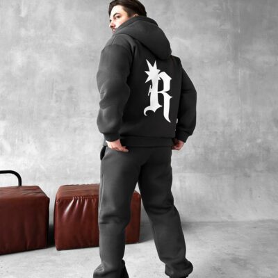 Мужской Утепленный Графитовый Спортивный Костюм "R" на Молнии с Начесом (Зипка + Штаны)
